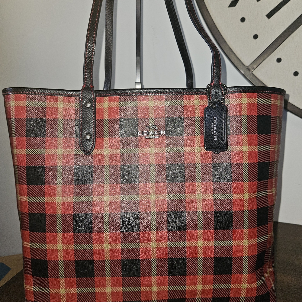 Coach Red Plaid Tote Bag
